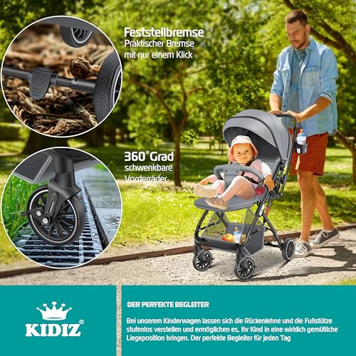 KIDIZ® Kinderwagen Kinderbuggy klappbar Liegebuggy Sportwagen Faltbar 360° Räder 5-Punkt Gurt Inkl. Fußsack, Getränkehalter, Regenabdeckung & Moskitonetz verstellbare Rückenlehne & Sonnenverdeck