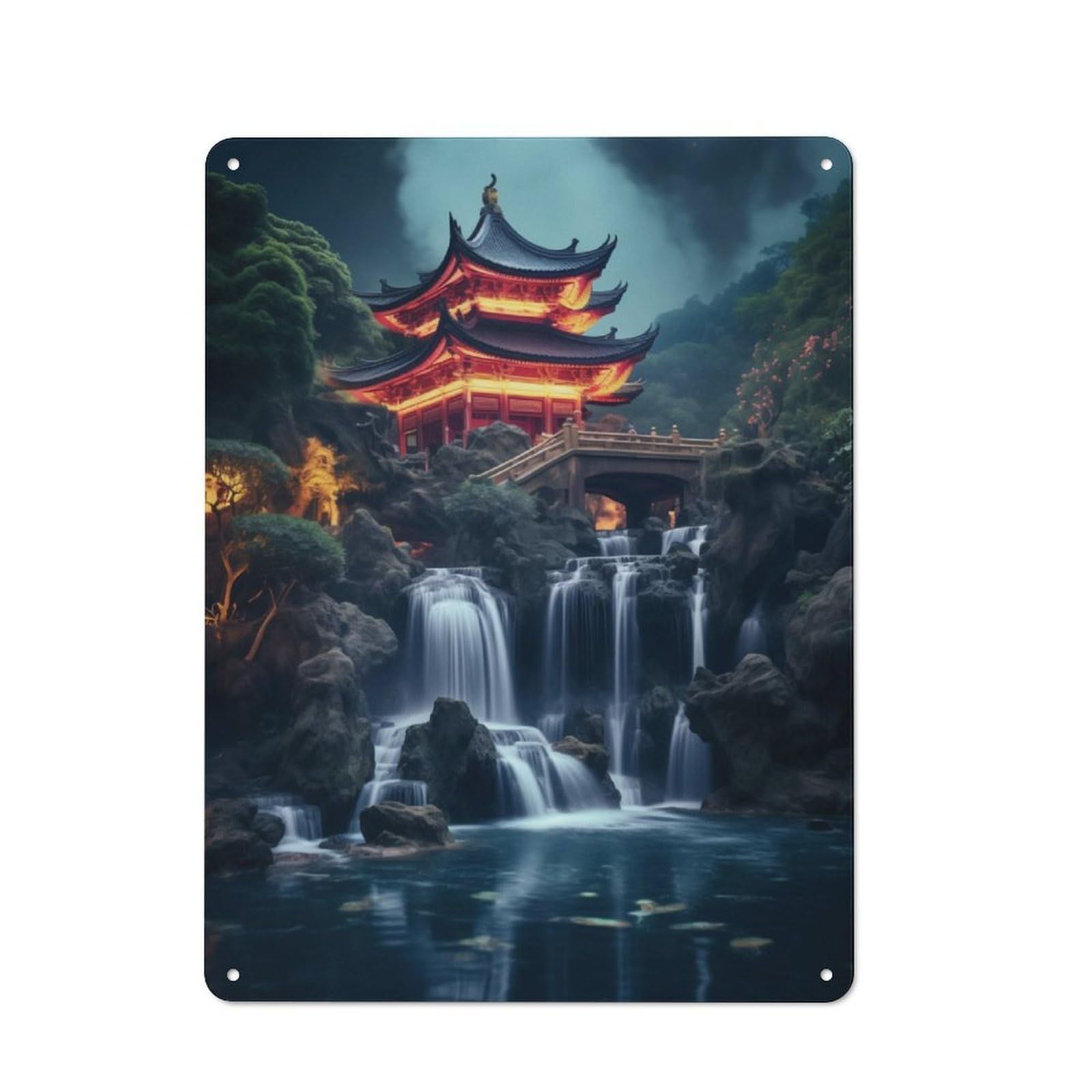 Junmoney Temple Waterfall In Japan Metal Wall Sign 40X30cm Featuring For Home Bar Wall, Suited To Bar Sign Collectors