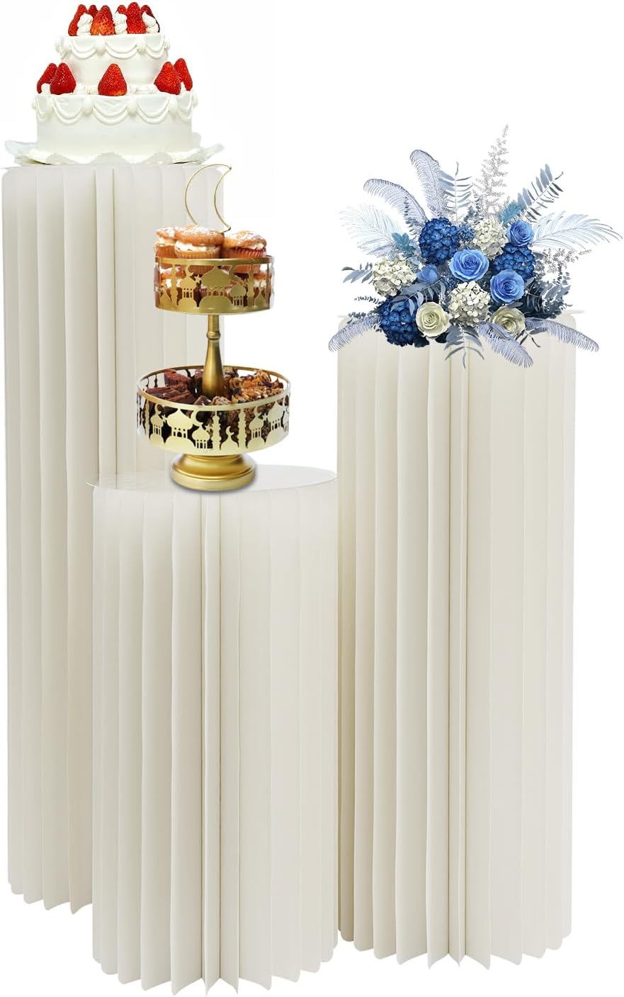 Cylinder Stands for Party,Set of 3, Foldable Cardboard Centerpiece Display,,White Cylinder Stands for Party, Reusable Wedding Decorations, Pedestal Stands for Parties. 3-Size Set - 55-66LBS Load-Bearing Folding Hexagon Displays, Wedding or Birthday Event Deco 3PCS-11.81*23.62in;11.81*31.5in;11.81*39.37in