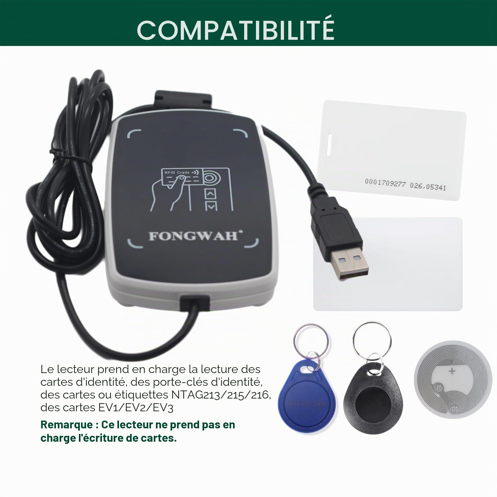 Fongwah Lecteur de Cartes RFID IC et ID de Bureau S7-EU-00-02, Sortie d'émulation Clavier, Prend en Charge Les Cartes ISO14443A/S50 et Les Cartes d'identité 125 kHz