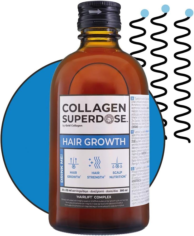COLLAGEN SUPERDOSE BY GOLD COLLAGEN Cabello Fuerte - Complemento Líquido Cabello Piel Uñas con Colágeno Marino Hidrolizado, Vitamina C, Biotina, Zinc Selenio, Cabello Anticaída y Crecimiento, 300 ml