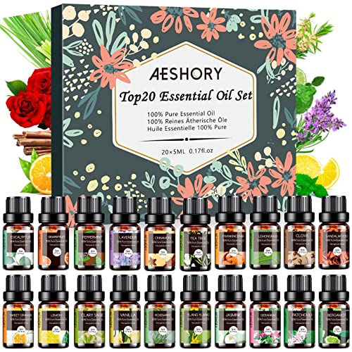AESHORY Set di Oli Essenziali per Diffusori Umidificatore 20 x 5ML, Olio Essenziale Naturali per Aromaterapia, Candele Fai Da Te, Profumate, Massaggio, SPA - Lavanda, Tea Tree, Citronella, Incenso