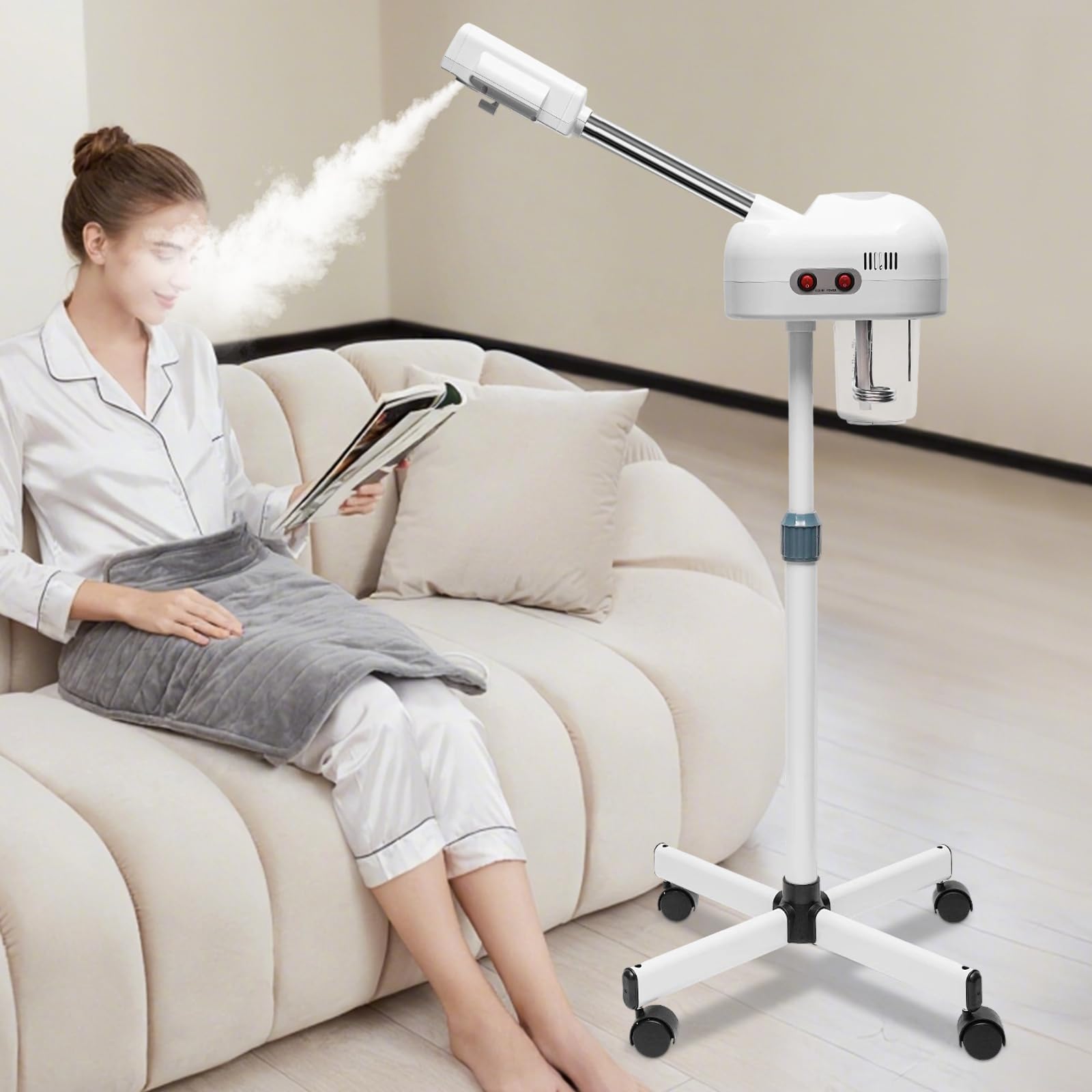 Gesichtsdampfer, 2 in 1 Ozon Ionischer Bedampfer mit Rollen, 800W Gesichtssauna Verdampfe für Feuchtigkeitsspend und Hautpflege Hautalterung ermäßigen Höhe einstellbar
