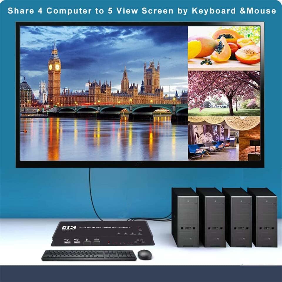 Image of Tobo HDMI KVM Multiviewer Switch 4x1, HDMI Quad Multi-Viewer Seamless Switcher 4 in 1 Out,4K,3D,1080P, 5 Viewing Modes for Security Camera, PS4, Laptop, Monitor (Multiviewer 4K30Hz) TD-990H