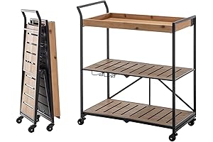 MELLCOM 3-Tier Folding Trolley Bar Cart with Lockable Wheels