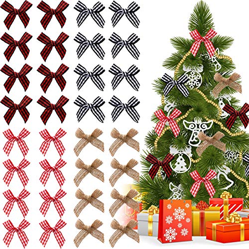 80 Pieces Christmas Ribbon Bows Mini Craft DIY Ribbon Bows Flower Appliques Bows in Multiple Styles for Sewing DIY Wedding Scrapbooking Wrapping Supplies (Black and Red Check Plaid, Linen)