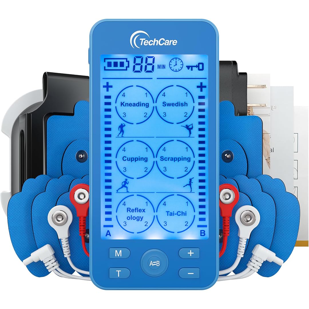 TechCare Massager Tens Unit Plus 24 Rechargeable Electronic Pulse Machine Multi Mode Device with All Accessories (Blue)