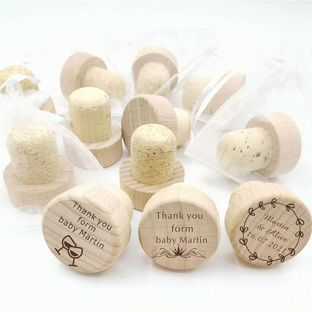 Tapones de corcho de vino de madera personalizados, tapón de corcho personalizado, ideas de fiesta de boda, recuerdos de agradecimiento para invitados, tapones de vino para boda (100 unidades)