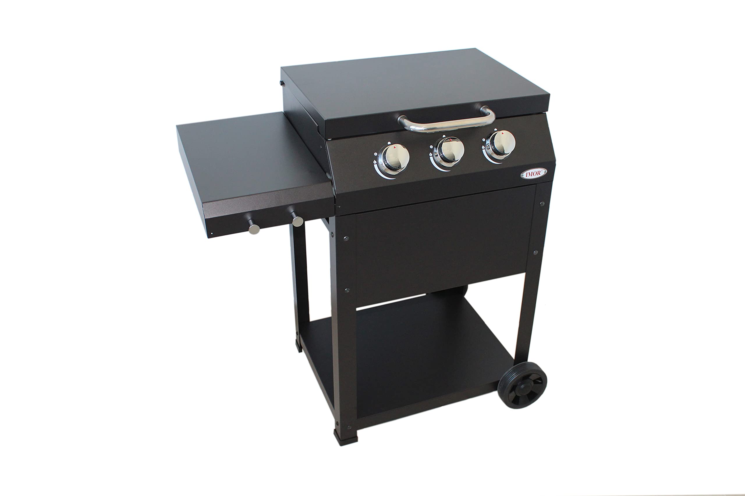 IMOR MIRAMAR Gas Garden Barbecue, front view with lid closed and side table extended