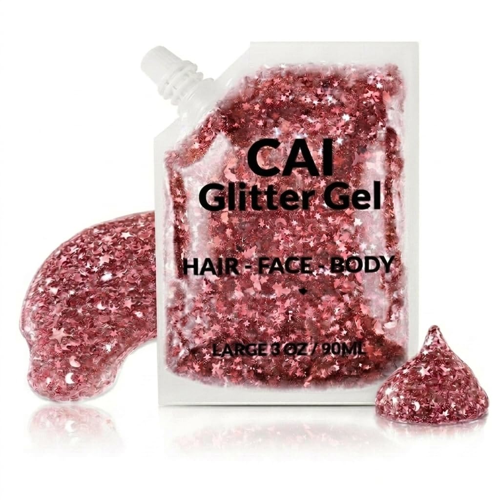 Body Glitter Gel- Face, Body & Hair (1 Pk Rose) Chunky Iridescent Holograph Stars & Moon, 3 oz | Cosmetic-Grade Makeup, Apply Without Glue, Easy to Take Off & Keep Skin Clean - for Concerts & Raves
