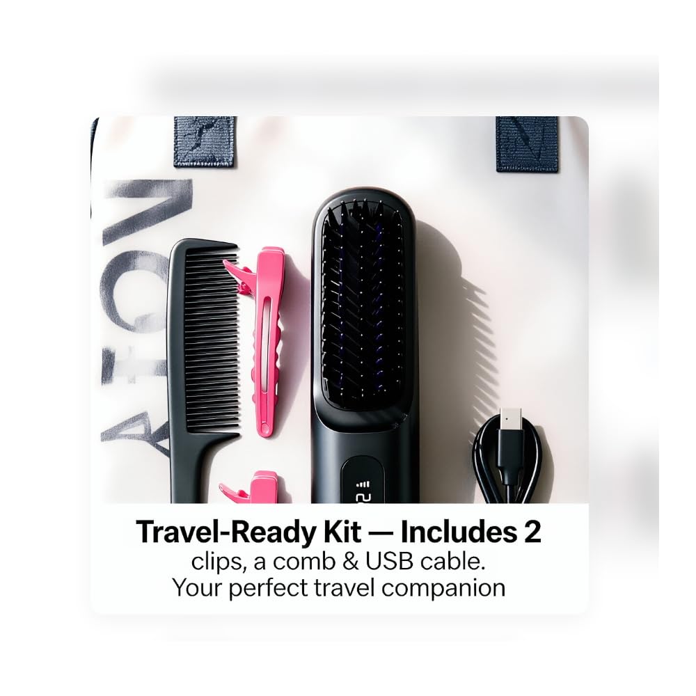 Spazzola piastra lisciante per capelli senza fili, 3-in-1 piastra elettrica con display LED e protezione in ceramica, ricaricabile USB, spazzola da viaggio portatile per capelli corti e lunghi 160-200