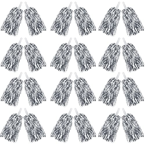 24PCS Cheerleading Pom Poms Metallic Foil Plastic Pom Poms with Baton Handle for Game Sports Squads Dancing Party Football Basketball Club Spirit Sports Stage Performance Celebration (silver)
