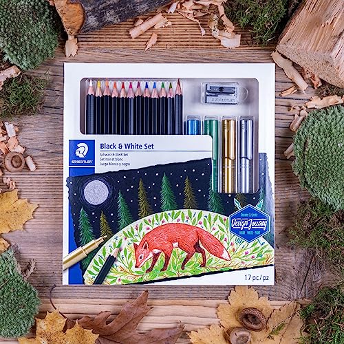Image of STAEDTLER Design Journey Black & White Set of Soft Coloured Pencils, Metallic Markers and Sharpener