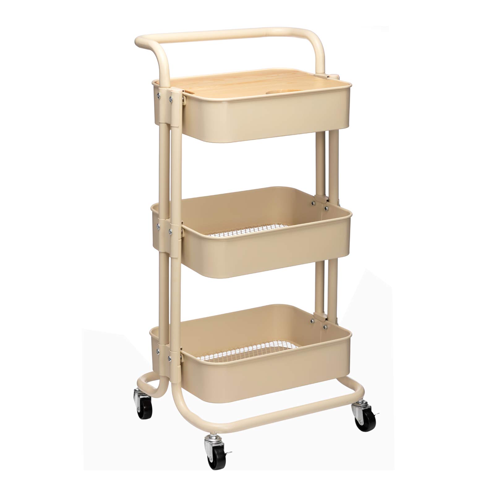 MATICO 3 Tier Metal Storage Organizer Cart with Wheels, Small Rolling Cart with Board, Beige