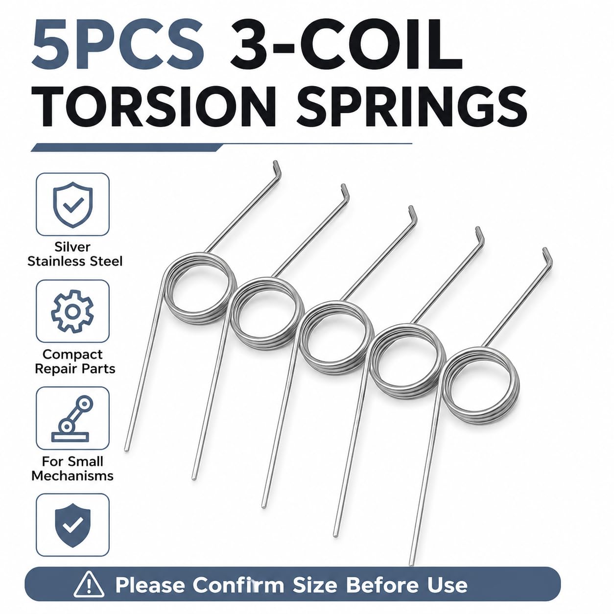 5Pcs Adjustable 3-Coil Torsion Springs, 0.7mm Stainless Steel, 135° Mechanical Springs for Garbage Can, Silver — Amazon image 3
