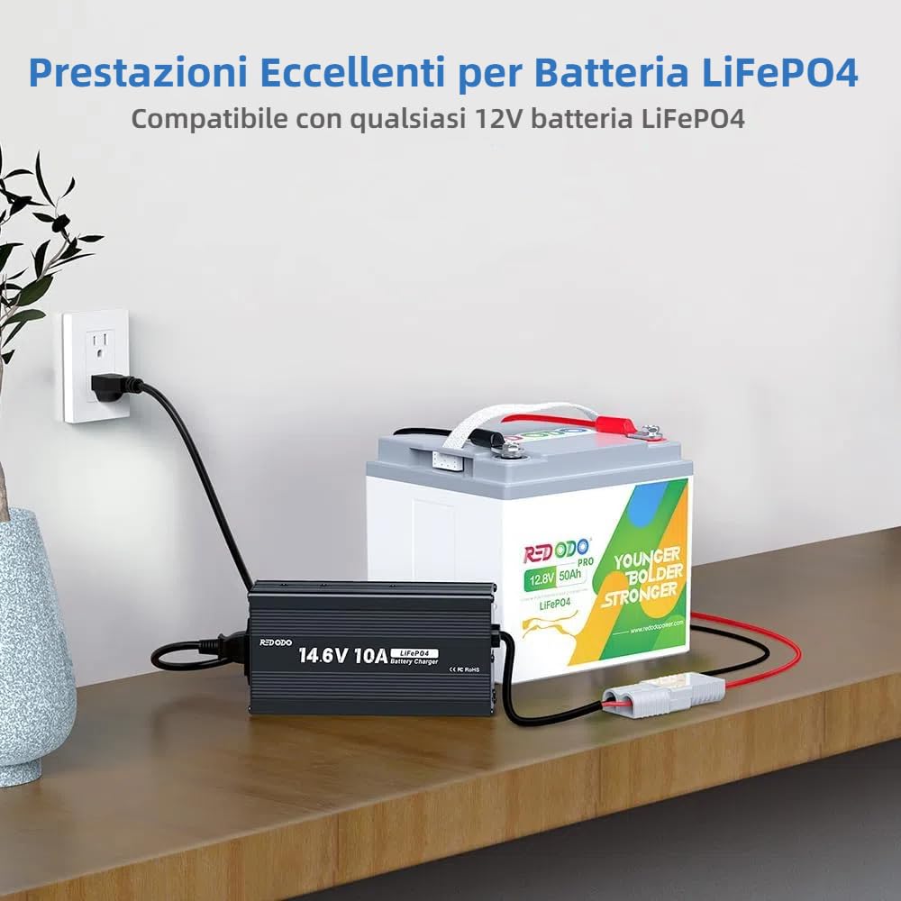 Redodo 14,6V 10A Caricabatterie Lifepo4 per Batterie Litio, Carica Veloce, Alta Efficienza di Carica, Progettato per Caricare Batterie LiFePO4 a Ciclo Profondo