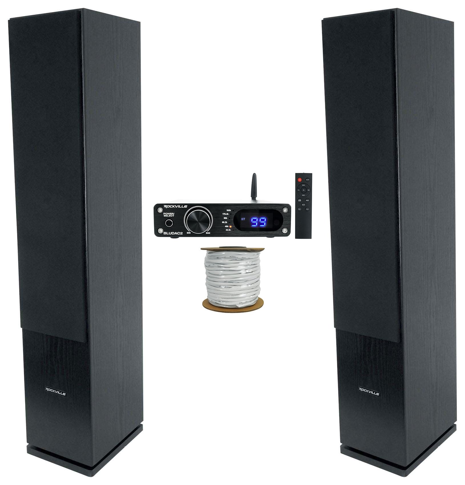 (2) Rockville RockTower 64B Black Home Audio Tower Speaker Bundle with (1) Rockville RCC12-100-2 Speaker Wire + (1) Rockville BLUDAC2B Hi-Res 192K Amp Bluetooth Receiver Optical/Sub Out (4 Items)