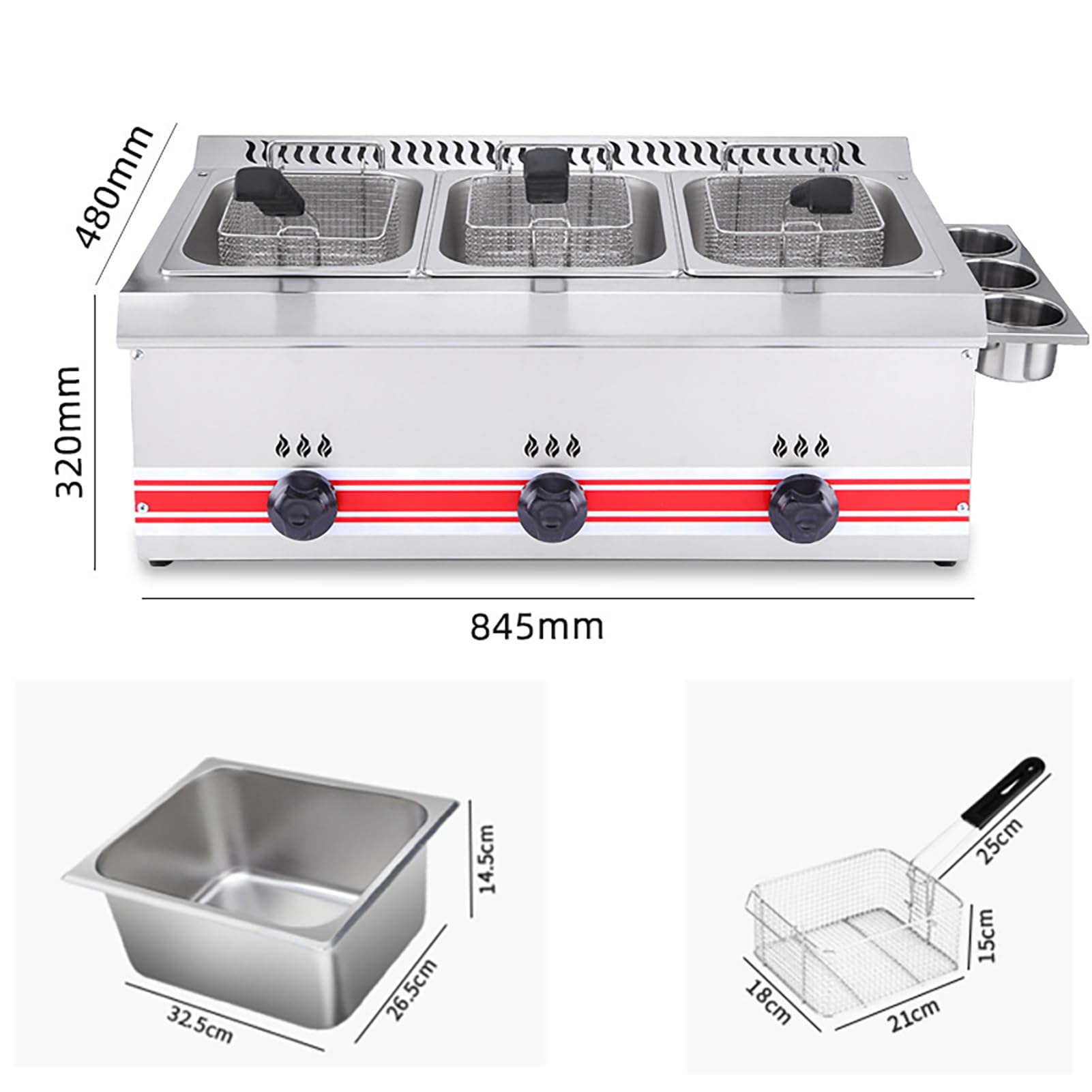 Freidora de Grasa Profunda con Caja de condimentos Laterales, Freidora De Gas Profesional De Acero Inoxidable Comercial, Potencia De Fuego Ajustable