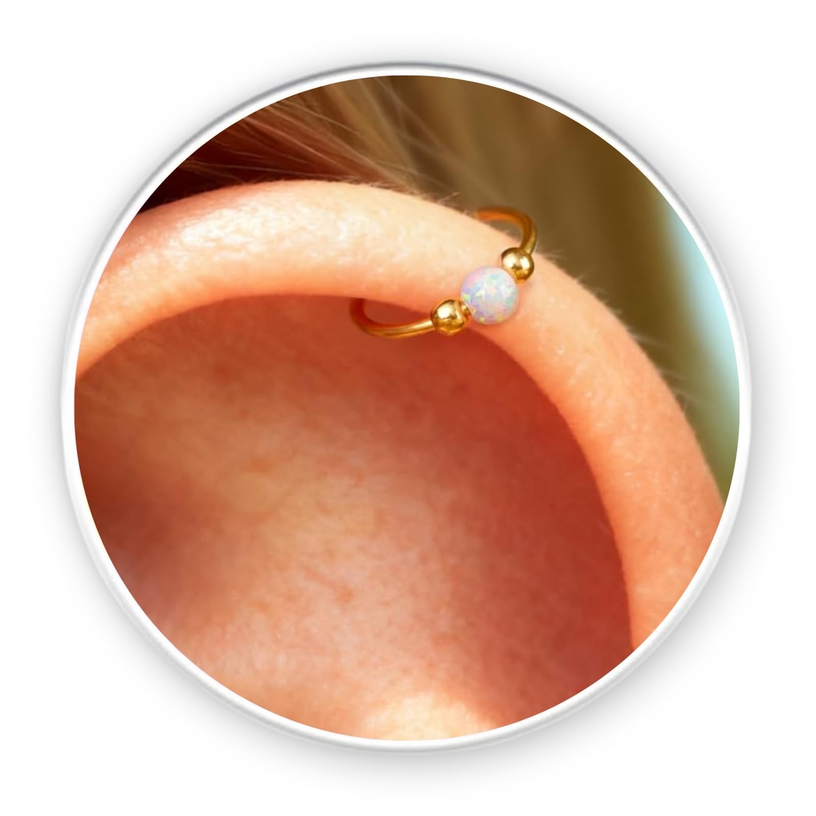 Lugasis FINE JEWELRY Gold Cartilage Helix Earring - 14k Gold Filled Helix Hoop With 3mm White Opal – Handmade Hypoallergenic 20 Gauge Cartilage