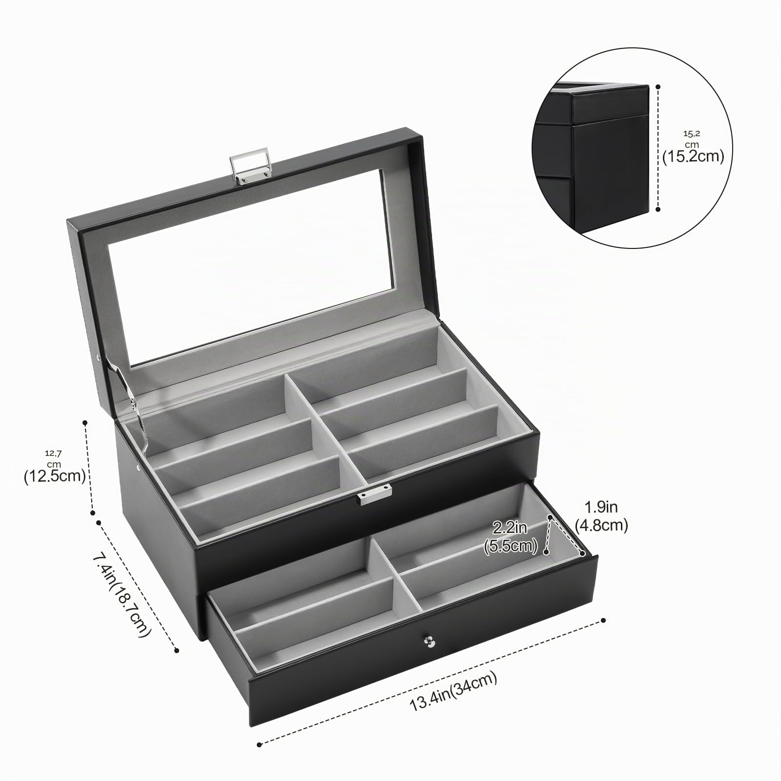 ProCase Caja Gafas, Expositor Gafas de Sol, Organizador Sunglasses 12 Compartimentos 2 Capas, Estuches para Gafas, Joyería, Reloj, Guardar Llaves Regalo Ideal para Mujeres Hombres -Negro
