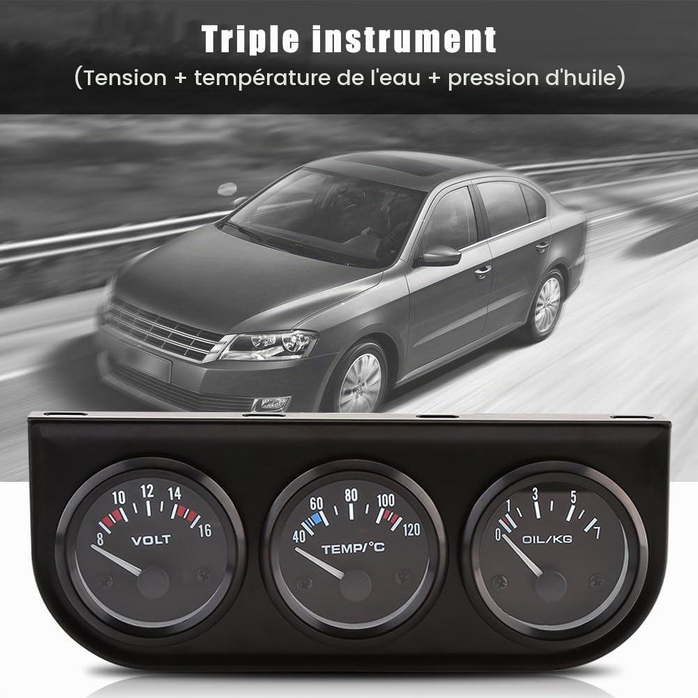 Qiilu Kit 3 en 1 : jauge de pression d'huile + température de l'eau + voltmètre pour voiture et camion