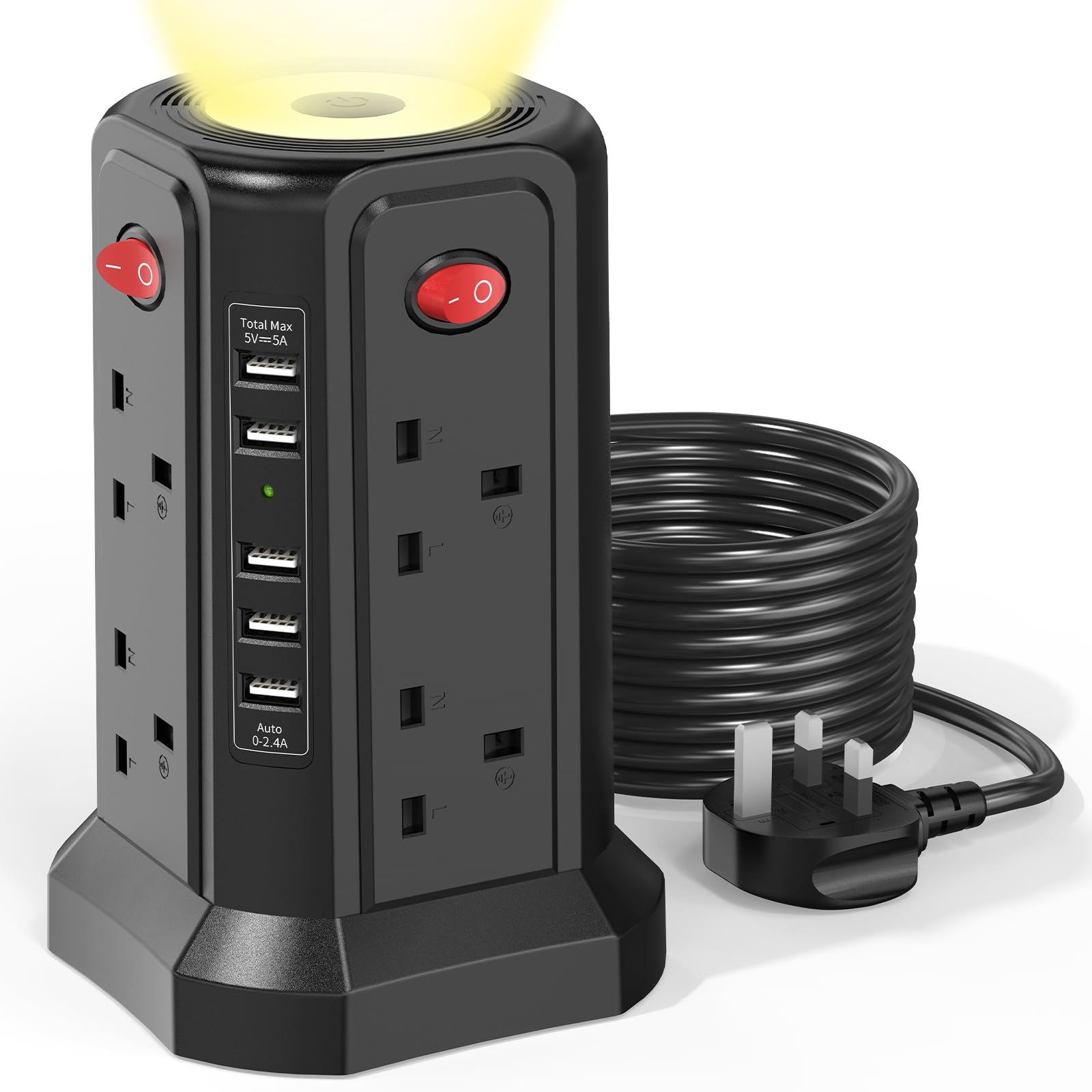 Tower Extension Lead 3M with USB Slots and Night Light, (13A 3250W) 5 USB Ports & 8 Way Socket Extension Tower