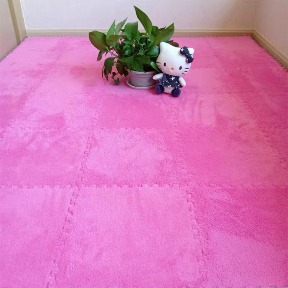 10 Tiles Interlocking Puzzle Play Mat 30x30x1cm EVA Foam Floor Mats,Fluffy Area Rug for Living Room Bedroom,Non-Slip Protective Floor Carpet (Rose)