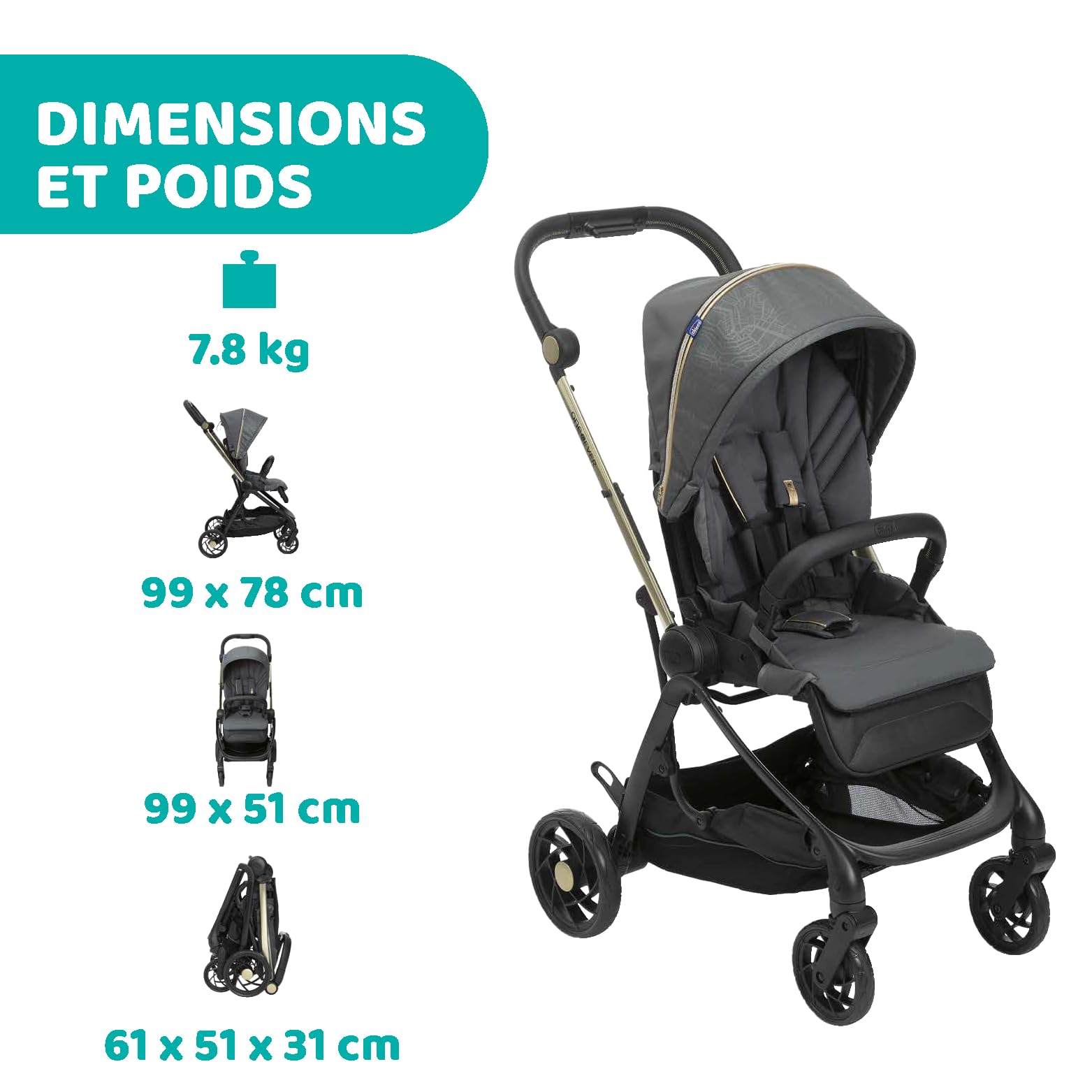 Chicco One4Ever Poussette Légère et Compacte de 0 Mois à 4 ans,Capacité de Charge Maximale de 22 kg,Poussette Pliable,Dossier Inclinable,Fermeture Automatique en 1 étape