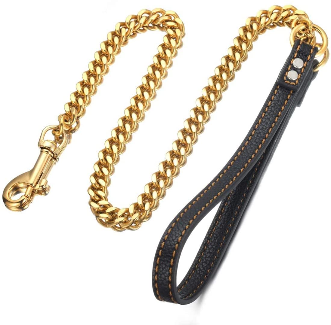 Correa de cadena para perro de acero inoxidable de 12 mm, con asa cómoda de cuero auténtico para perros grandes, medianos y pequeños (oro, 3 pies)