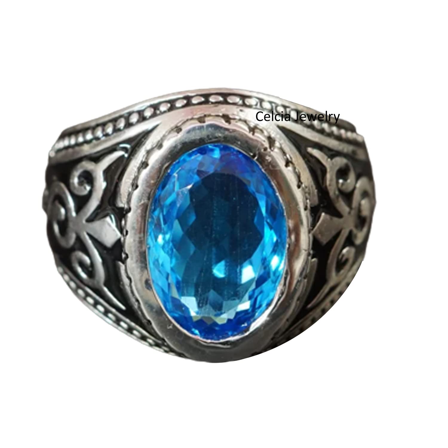 Anillo de sello de plata esterlina 925 sólida para hombres, piedra preciosa ovalada de topacio azul genuino, regalo único hecho a mano de piedra natal de noviembre para él