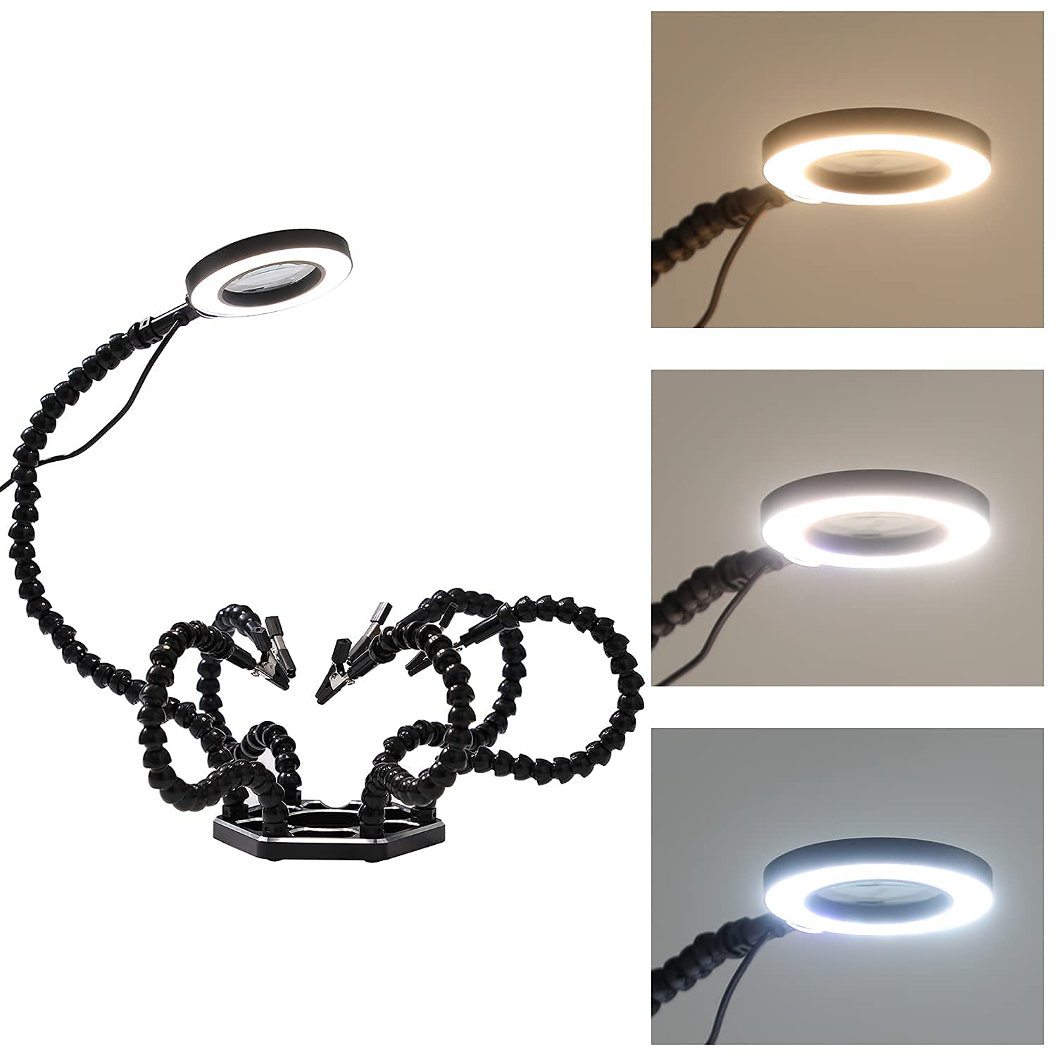 TOPWAY Estación de Soldadura de Tercera Mano Lupa con Lente de Aumento 3X + 6 Brazos Flexibles + Base de Metal Resistente, para Reparación de Joyas Electrónicas Retrabajo