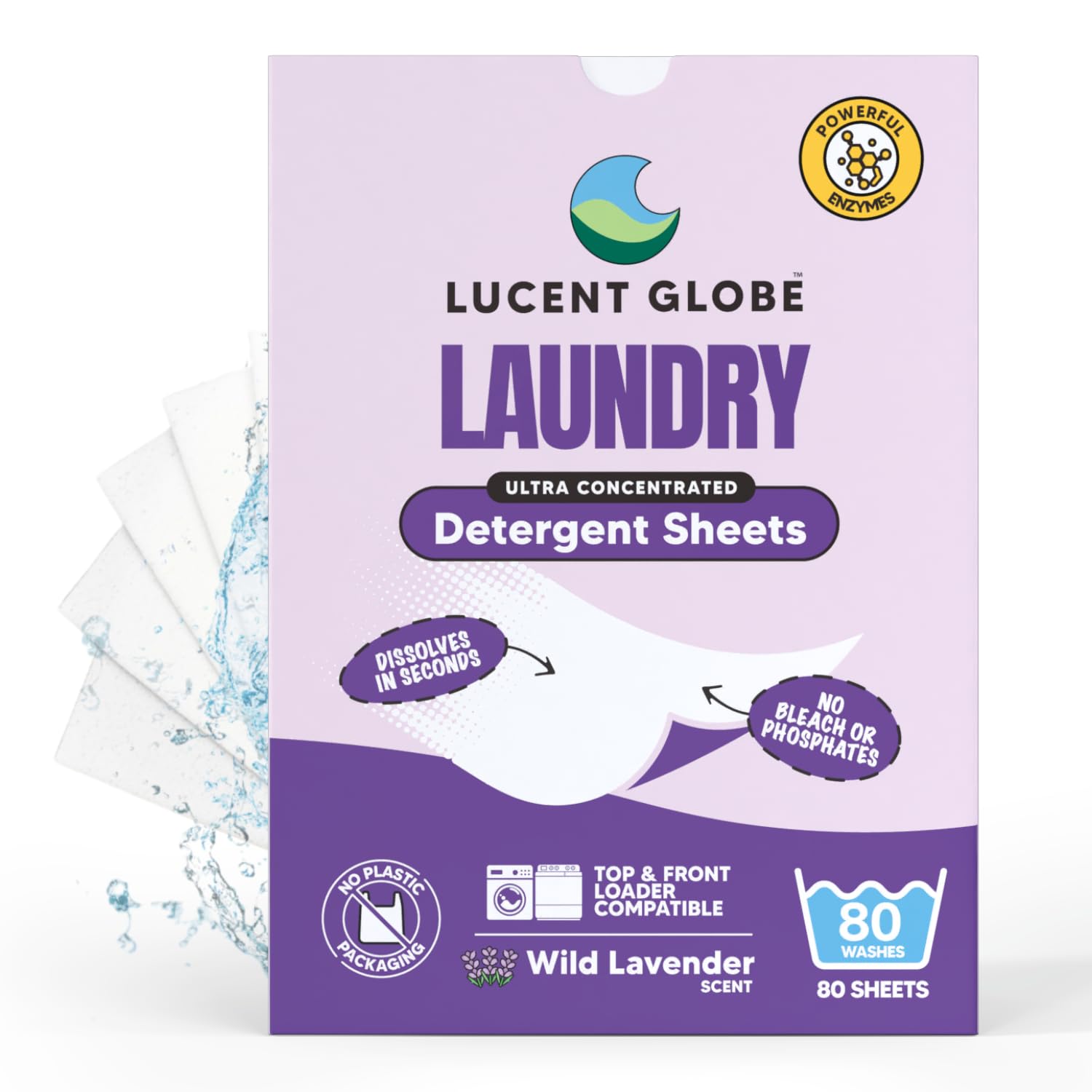 Lucent Globe Laundry Detergent Sheets. Pre-Measured Laundry Sheets. Powerful Stain Removal. Works in All Clothes Washers. (Lavender)