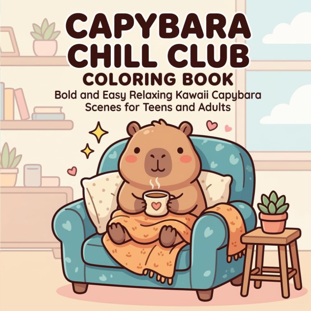 Capybara Chill Club Coloring Book: Bold and Easy Relaxing Kawaii Capybara Scenes for Teens and Adults