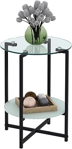 Mesa auxiliar de vidrio templado con forma redonda pestaña lateral de tamaño pequeño para dormitorio hotel jardín 1 transparente M