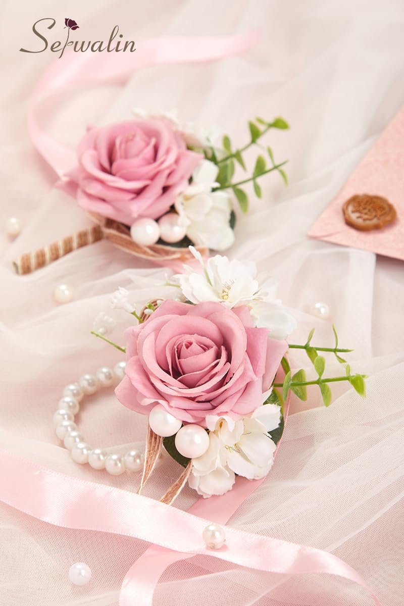 Serwalin Pink Rose Corsage and Boutonniere Set, Prom Flower Wrist Corsage Bracelets, Homecoming Roses Corsage Wristlet and Men Boutonniere for Wedding Flowers Accessories Prom Suit Decorations - Image 7