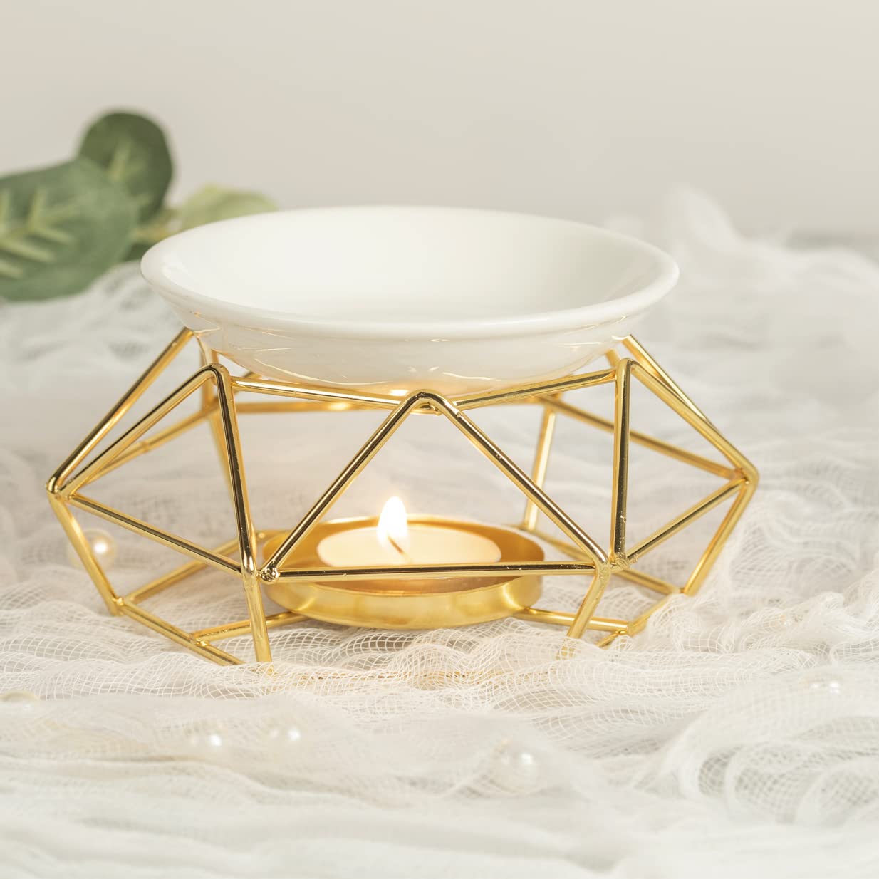 Lámpara aromática de metal Quemador de cera aromática con soporte para velas de té (Dorado)