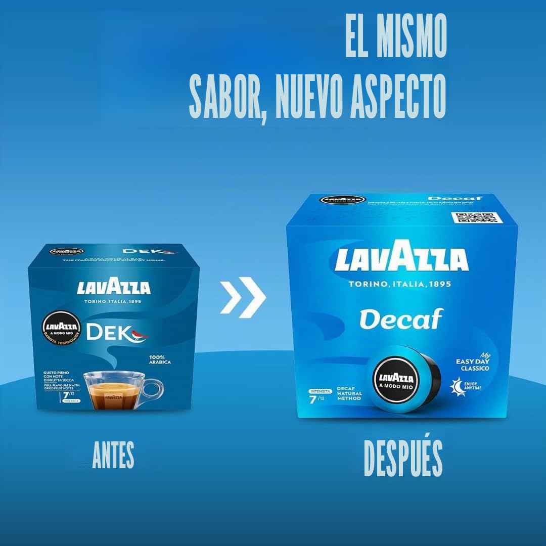 Lavazza A Modo Mio Dek cremoso, 128 cápsulas de café, para un espresso descafeinado con notas de almendras y confitadas, 100% arábica, intensidad 7/13, tostado medio, 8 paquetes x 16 cápsulas
