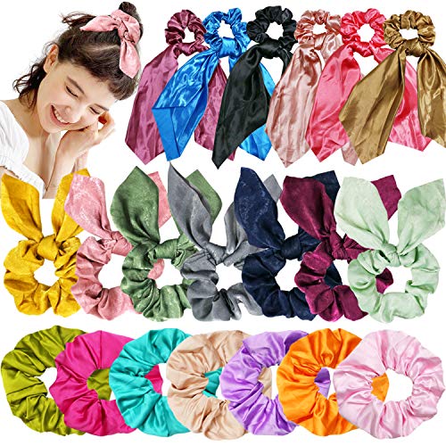 WillingTee 20pcs Silk Satin Hair Scrunchies for Women,Including 6 Satin Hair Scarf & 7 Bunny Ear Scrunchies & 7 Ropes Scrunchies, Soft Scarf Hair Ties Bowknot Ponytail Holder for Women Girls