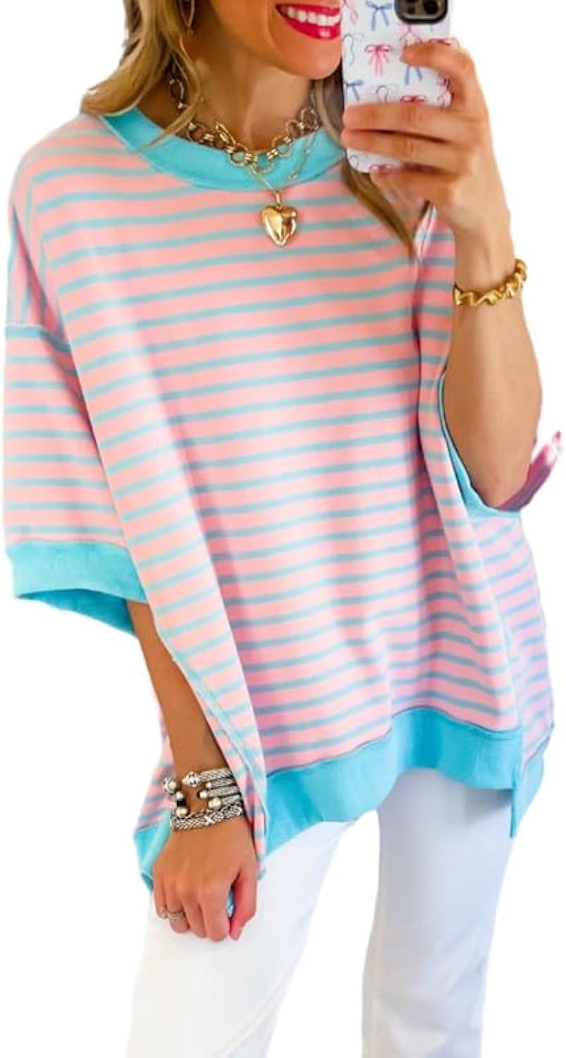 Womens Tops Casual Short Sleeve Sweatshirt Crewneck Striped Shirt Pullover T Shirts Loose Blouses