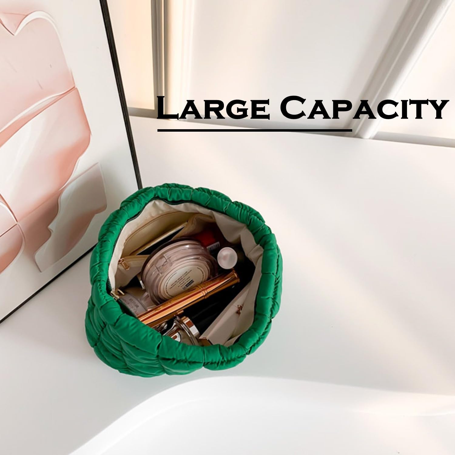 HFLZBRO Puffy Quilted Makeup Bag, Cosmetic Bag, Travel Toiletry Organizer Pouch, Clutch for Women (Green) - Image 3