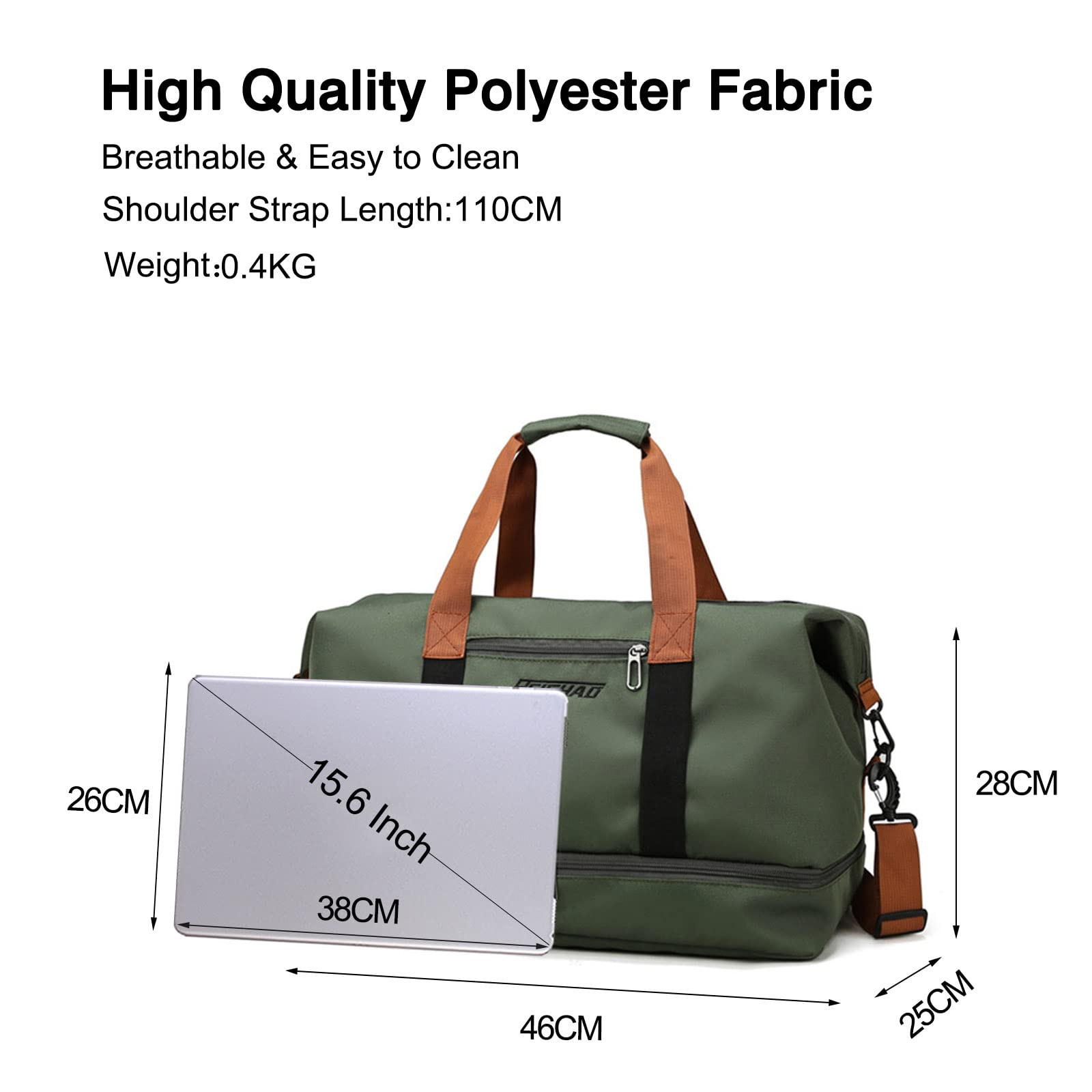 FANDARE Bolsa de Viaje Deportiva Gimnasio Mujer Hombre Fin de Semana Senderismo Maleta de Mano con Bolsillo Húmedo y Compartimento para Zapatos Verde