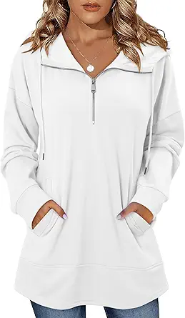 onlypuff Women Hoodie Pullover Trendy Quarter Zipper Lapel Sweatshirts Drawstring Cute Hooded Tunic Tops with Side Pockets