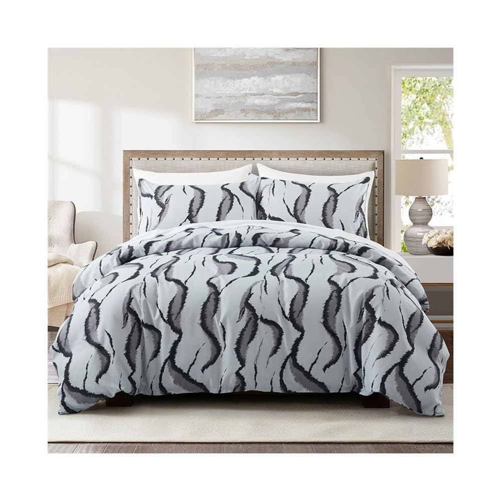 VHKJewE Grey Black Wave Striped Comforter Cover Abstract Geometric Bedding Set Soft Skin-friendly Reversible Duvet Set(EU King(240x220cm))