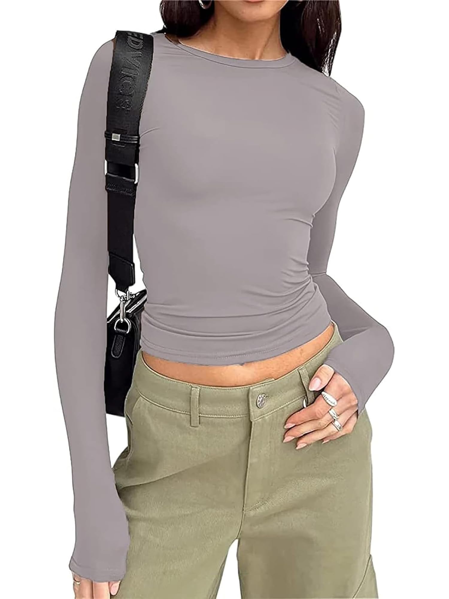 Women Basic Slim Fit T-Shirt Top Crew Neck Tight Basic Blouse Tee Tops Y2K Crop Top Club Party E-Girls Streetwear (A-Light Gray, S)