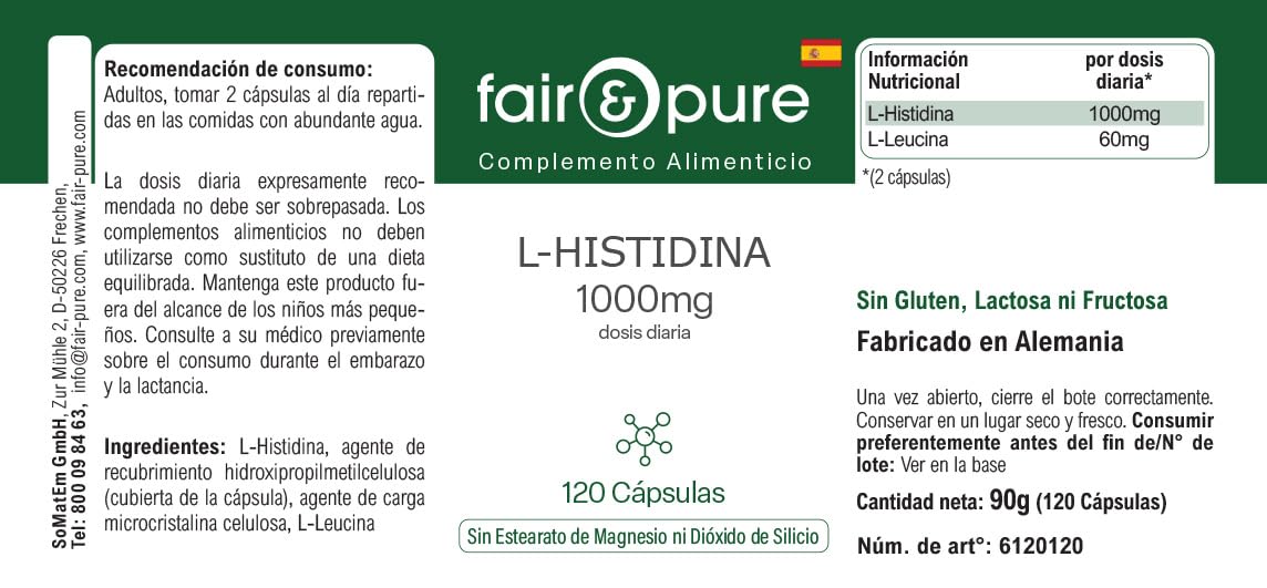Fair & Pure L-Histidin 1000mg, 120 Kapseln, Aminosäure, veganes Nahrungsergänzungsmittel ohne Zusätze, in Deutschland hergestellt (Packung mit 2)