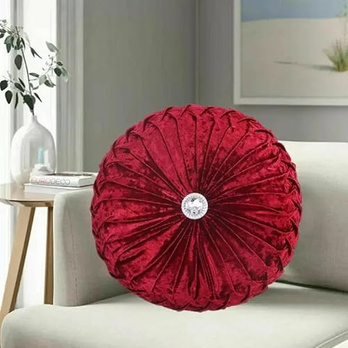 Stylish Home London Diamond Round Cushions Stitched Filled Crushed Velvet Beautiful Sofa Cushion Bed Cushion Small & Large (Burgundy Wine, 35 x 35 cm (18 x 18 In))