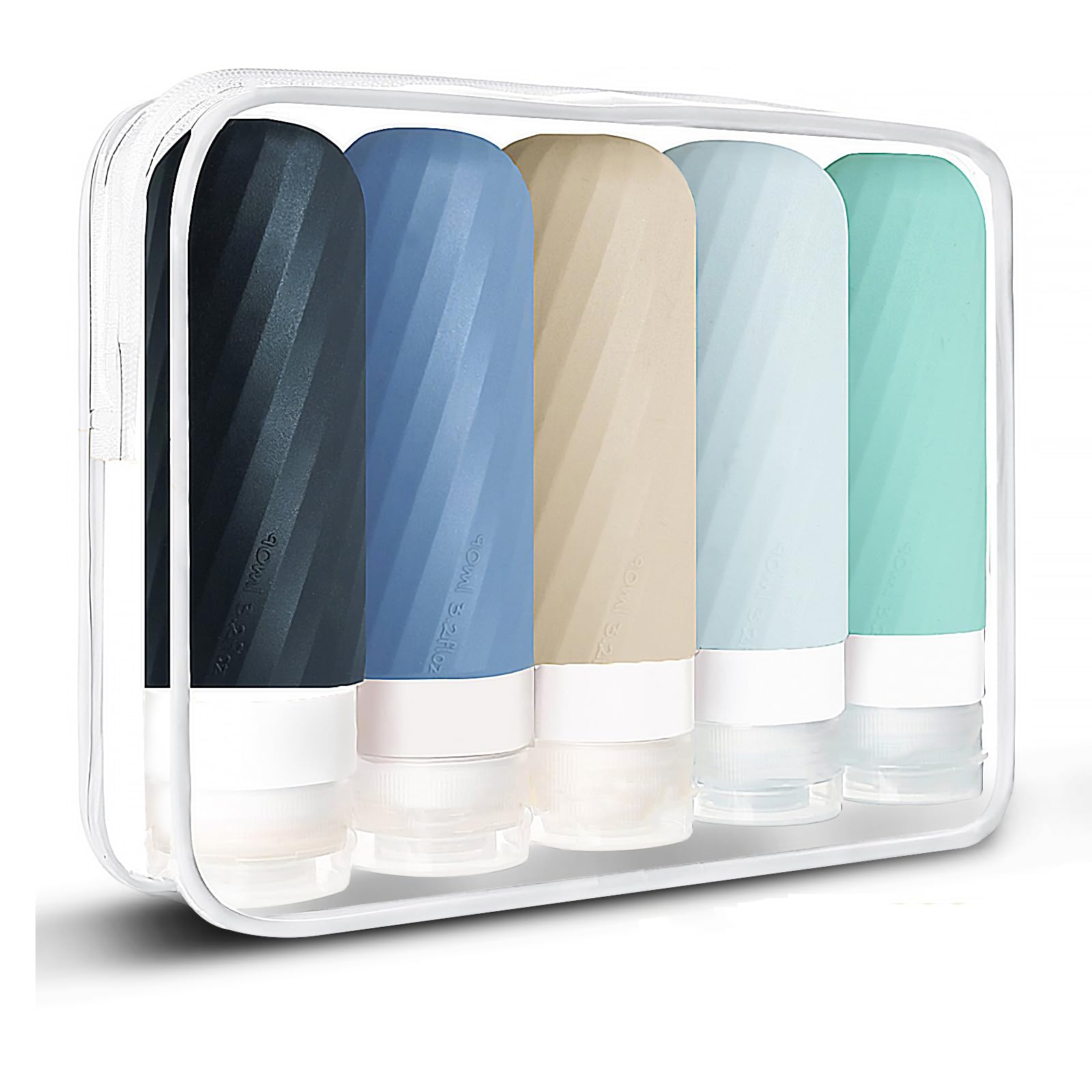 Laxen 5 Pack Travel Bottles for Toiletries with Labels, 100ML Silicone Travel Bottles Set with Clear Zipper Toiletry Bag, Leakproof Refillable Squeeze Travel Size Containers for Shampoo Conditioner
