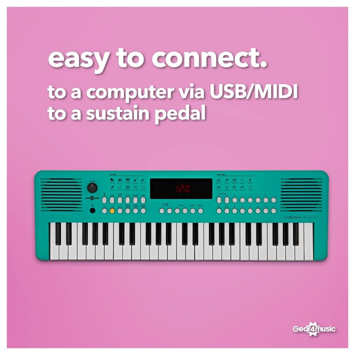 VISIONKEY-2 Tragbares MIDI-Keyboard Piano mit 49 Tasten, e-Piano, grün | Für Anfänger und Musikbegeisterte, 49 Minitasten, 300 Sounds und Rhythmen, USB-MIDI, Kopfhöreranschluss, Batterie oder USB