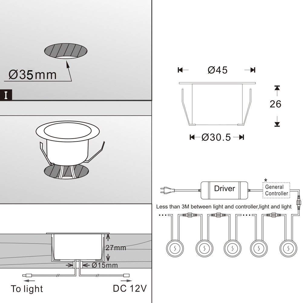 FVTLED 6x Spot Encastrable Exterieur DC12V Ø45mm 1W IP67 RGB Spot Led Extérieur Encastrable spot led couleur pour Terrasse Enterré Plafonnier LED Lampe à encastrer au sol