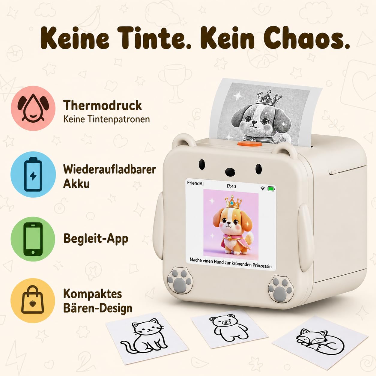 MMOBIEL KI Voice Sticker Drucker für Kinder Tintenloser Sticker Printer im Bären-Design mit App, Sprachsteuerung, 20 Sprachen & 6 Zeichenstile – Printer für Fotos, Notizen, Etiketten & DIY